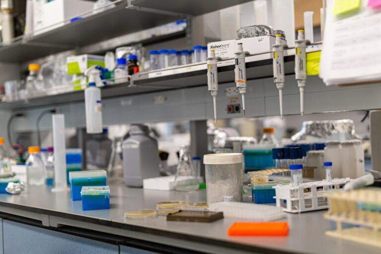 Analytical laboratory bench with scientific instruments