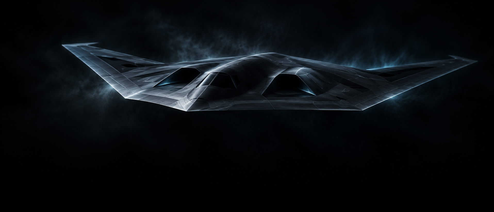 Sleek graphite stealth aircraft in atmospheric blue light